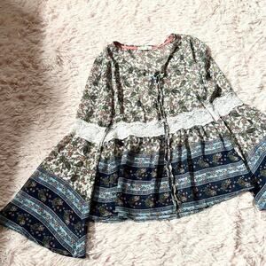 Boho Floral Lace Bell Sleeve Earthy Hippie Peasant Prairie Cottage Core Blouse